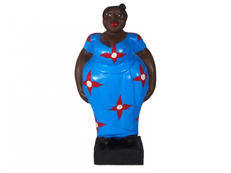 Mama Africa Wood Sculpture - blue-red-star-flowers-37cm-front