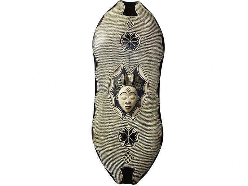 Large African Carved Wood Shield with Punu Mask - Gabon