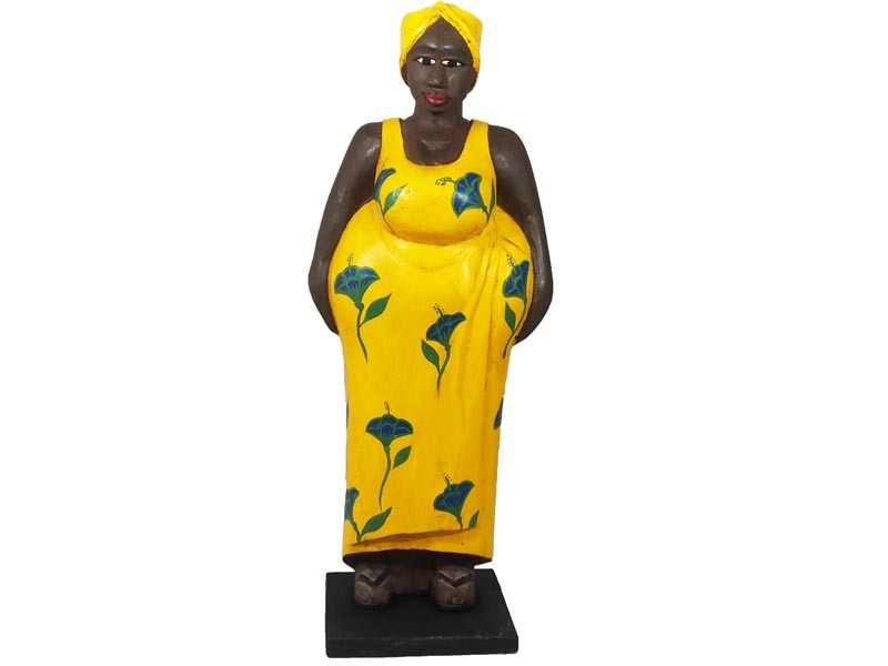 Mama Africa Wood Sculpture - yellow-blue-flowers-66cm-front