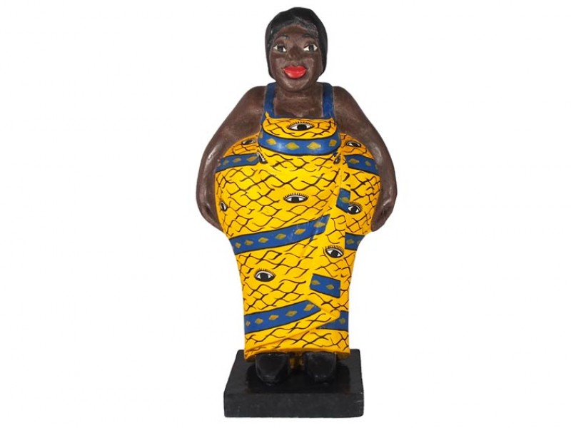 Mama Africa Wood Sculpture - yellow-dress-eyes-38cm-front